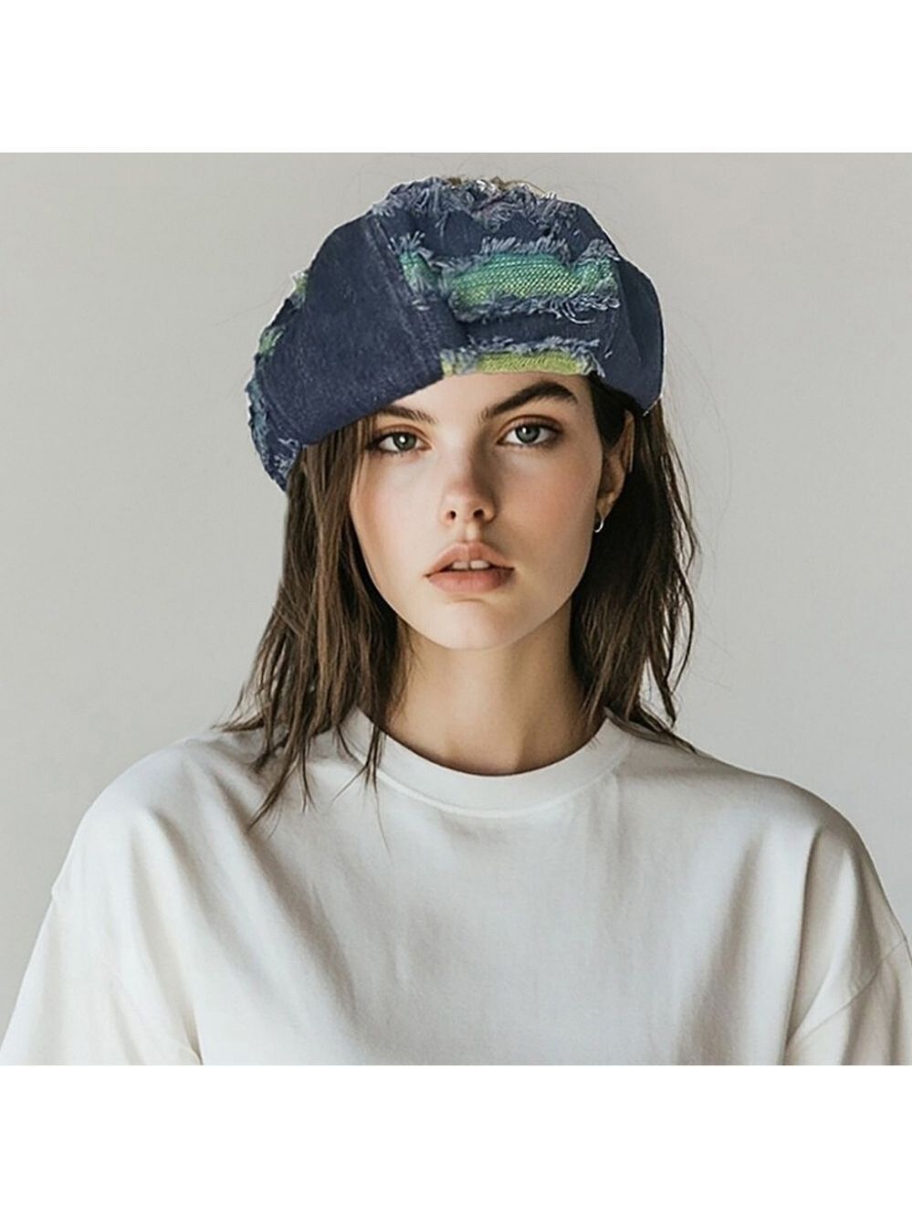 Denim Beret with Multicolor Fringe